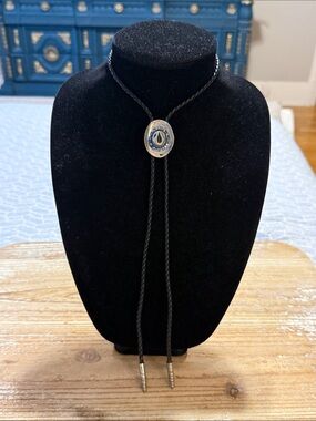 Vintage Western Black Leather Silver Blue Rhinestone Cowboy Hat Bolo Tie